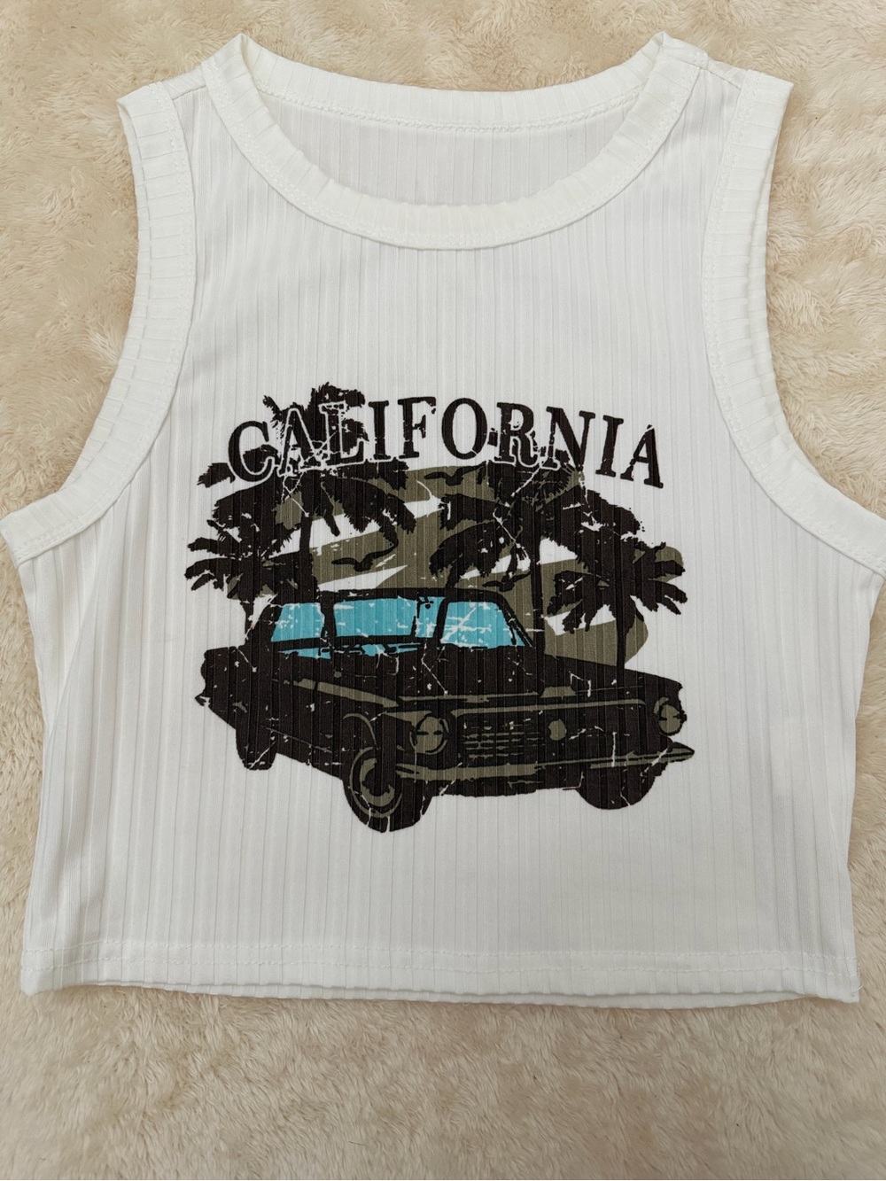 California Graphic Ribbed Crop Tank - White